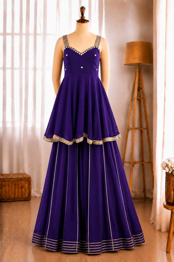 Soft Chinon Mirror Work Gown Palazzo Set