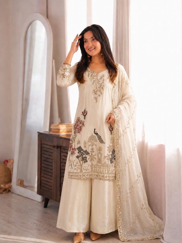 Fendy Silk Embroidered Plazzo Suit Set