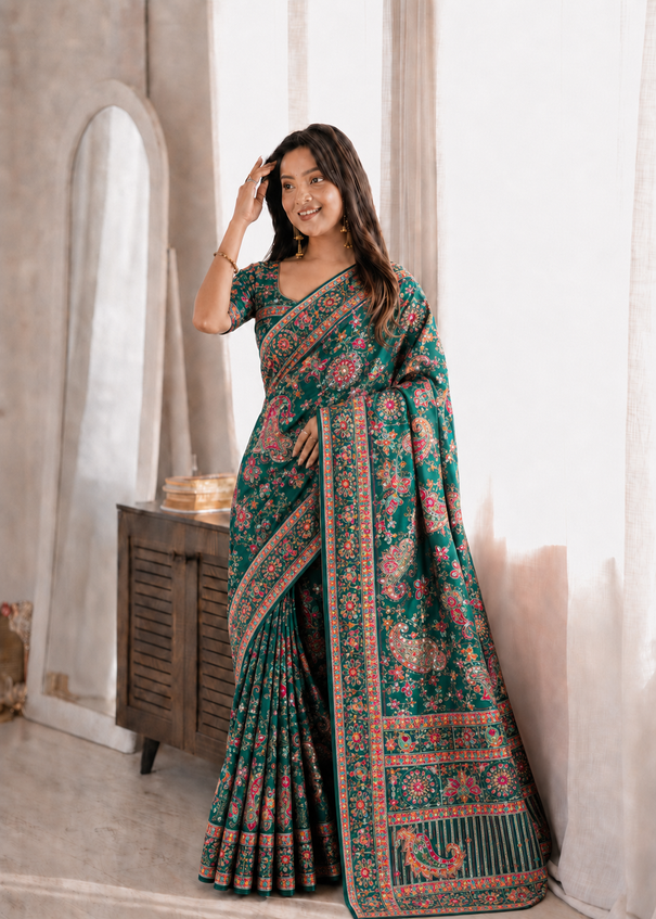 Crepe Silk Printed Embroidered Saree Set