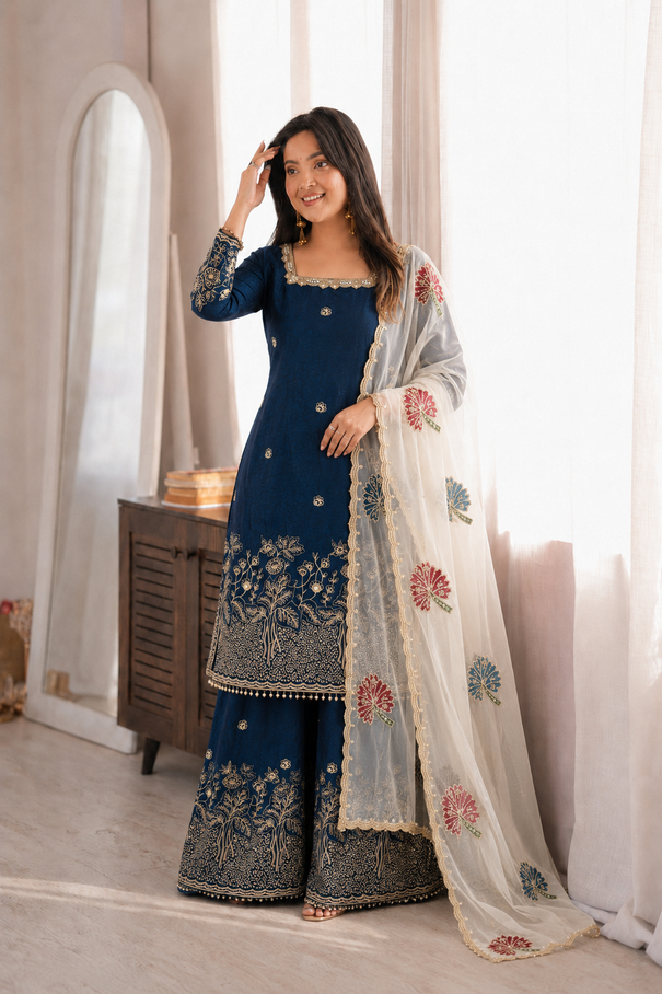 Pure Fendi Silk Embroidered Farshi Plazzo Suit Set