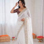 Beautiful Soft Fandy Satin Silk With Embroidery Sequence Work Saree