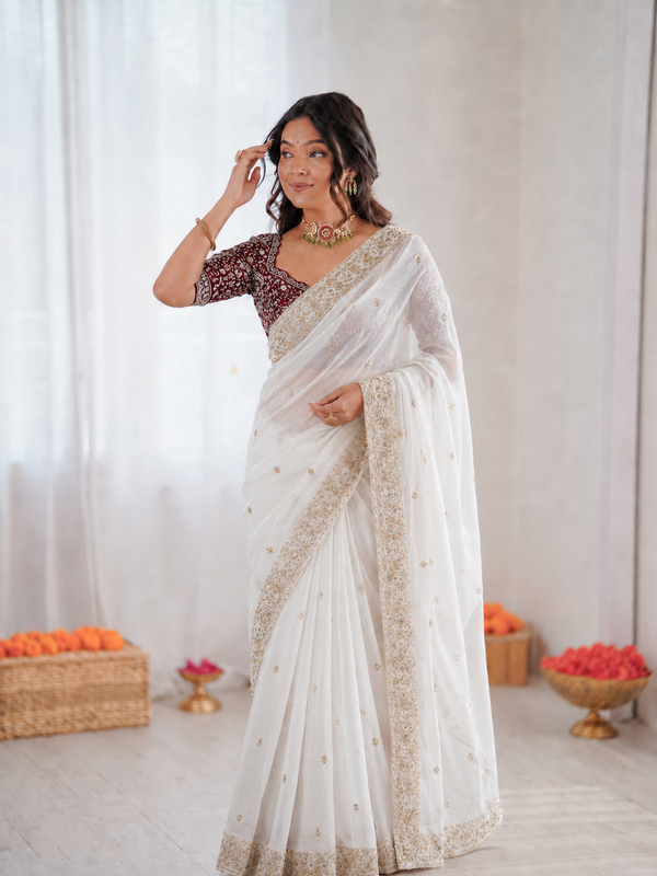 Beautiful Soft Fandy Satin Silk With Embroidery Sequence Work Saree