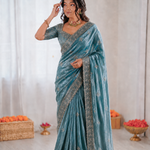 Beautiful Soft Fandy Satin Silk With Embroidery Sequence Work Saree