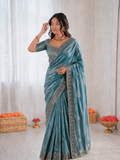 Beautiful Soft Fandy Satin Silk With Embroidery Sequence Work Saree