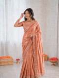 Beautiful Soft Fandy Satin Silk With Embroidery Sequence Work Saree
