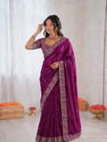Beautiful Soft Fandy Satin Silk With Embroidery Sequence Work Saree