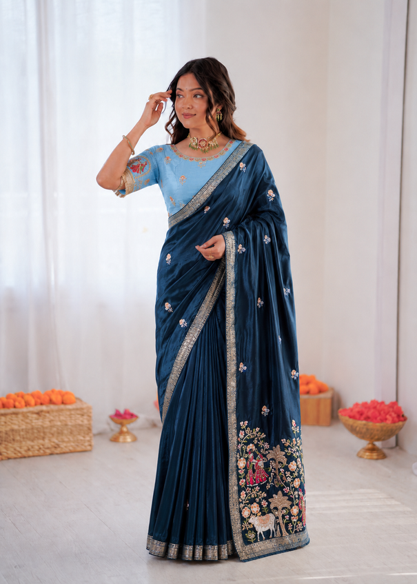 Beautiful Pure Soft Tissue Silk With Elegant Applique Work Saree