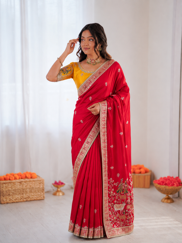 Beautiful Pure Soft Tissue Silk With Elegant Applique Work Saree