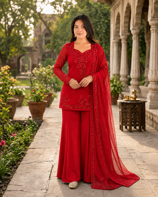 Beautiful Soft Rich Natural Crepe Farshi With Thread & Sequence Work Salwar Suit