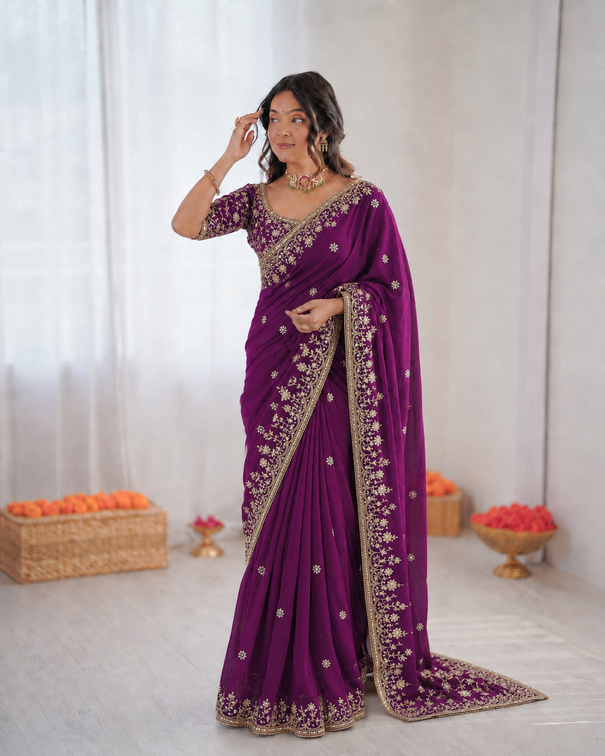 Beautiful Soft Rich Fendy Satin Silk With Sequence Embroidery Work Saree