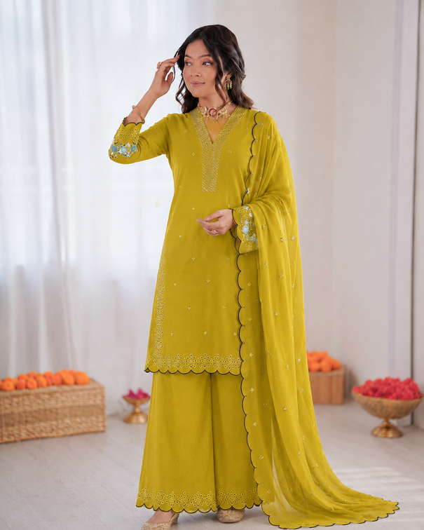 Beautiful Soft Rich Mal Chanderi With Sequence Embroidery Work Plazzo Suit