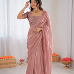 Beautiful Soft Rich Fendy Satin Silk With Hand Cutdana Moti Work Saree