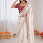 Beautiful Soft Rich Cream Shimmer Silk With Embroidery Work Saree