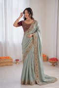 Beautiful Soft Rich Fendy Satin Silk With Embroidery Work Saree