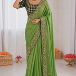 Beautiful Soft Rich Fendy Satin Silk With Embroidery Work Saree