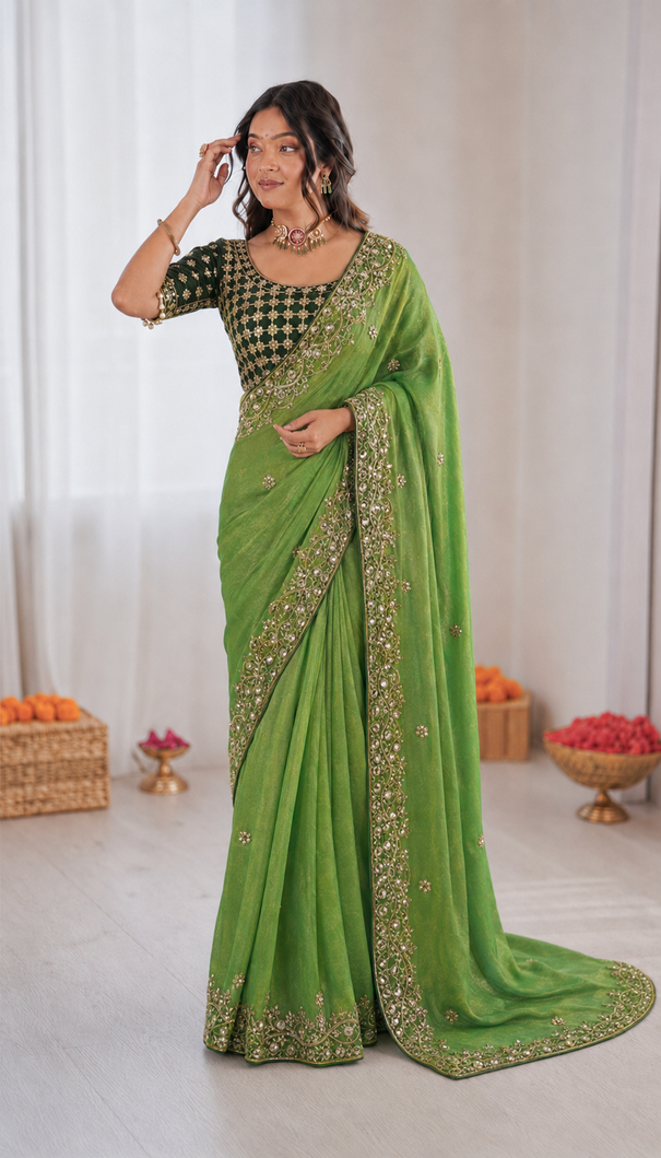 Beautiful Soft Rich Fendy Satin Silk With Embroidery Work Saree