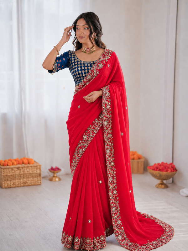 Beautiful Soft Rich Fendy Satin Silk With Embroidery Work Saree