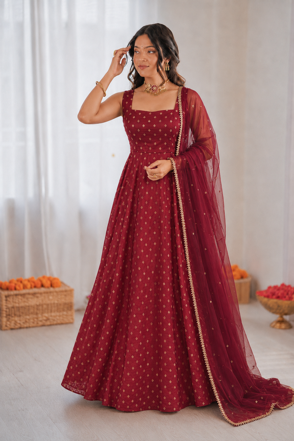Beautiful Soft Rich Chanderi Jacquard Butti With Fancy Lace Work Gown Set