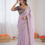 Beautiful Soft Fandy Satin Silk With Lotus Embroidery Work Saree