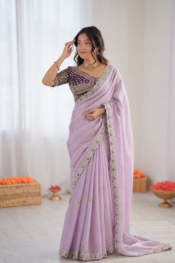 Beautiful Soft Fandy Satin Silk With Lotus Embroidery Work Saree