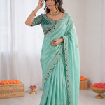 Beautiful Soft Fandy Satin Silk With Lotus Embroidery Work Saree