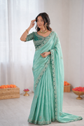 Beautiful Soft Fandy Satin Silk With Lotus Embroidery Work Saree