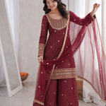 Beautiful Soft Rich Printed French Crepe Kurti Plazzo Set With Embroidery Work