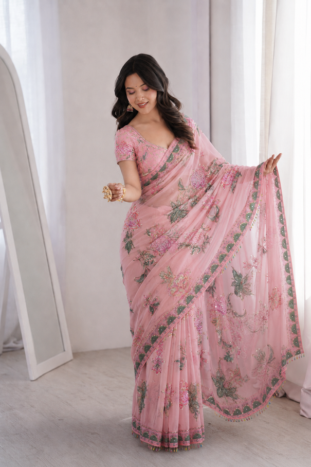 Beautiful Soft Rich Premium Tabby Silk With Sequins & Real Mirror Work Saree