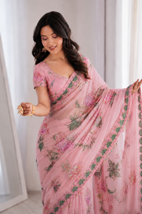 Beautiful Soft Rich Premium Tabby Silk With Sequins & Real Mirror Work Saree
