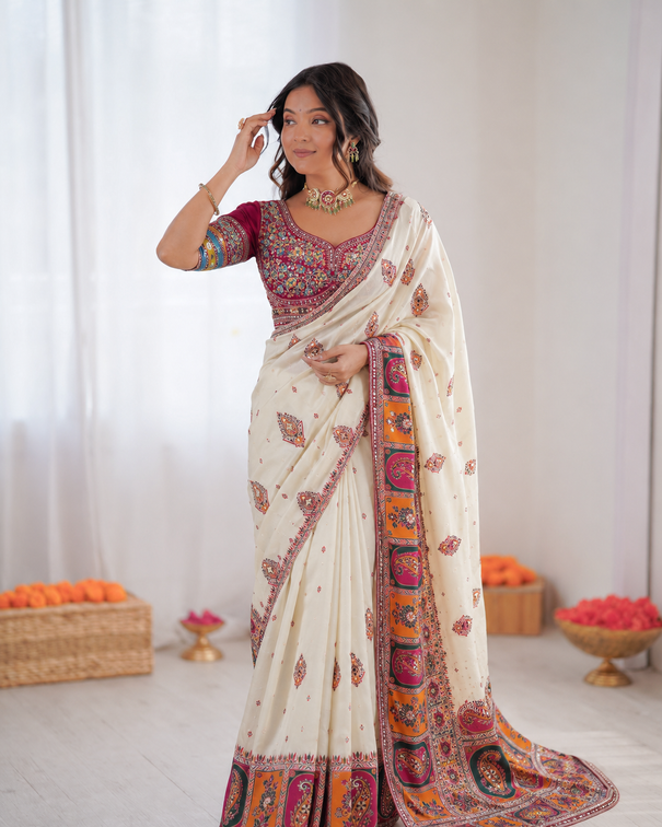 Beautiful Soft Rich Pure Pashmina Silk With Multicolour Thread Weaving Work Saree