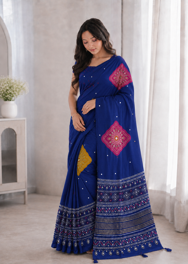 Beautiful Soft Rich Premium Japan Satin Silk With Mirror Work Saree