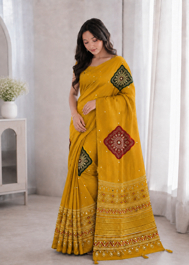 Beautiful Soft Rich Premium Japan Satin Silk With Mirror Work Saree