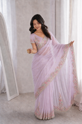 Beautiful Soft Rich Premium Moss Chiffon Silk With Multi-Color Embroidery Work Saree