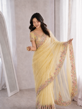 Beautiful Soft Rich Premium Moss Chiffon Silk With Multi-Color Embroidery Work Saree