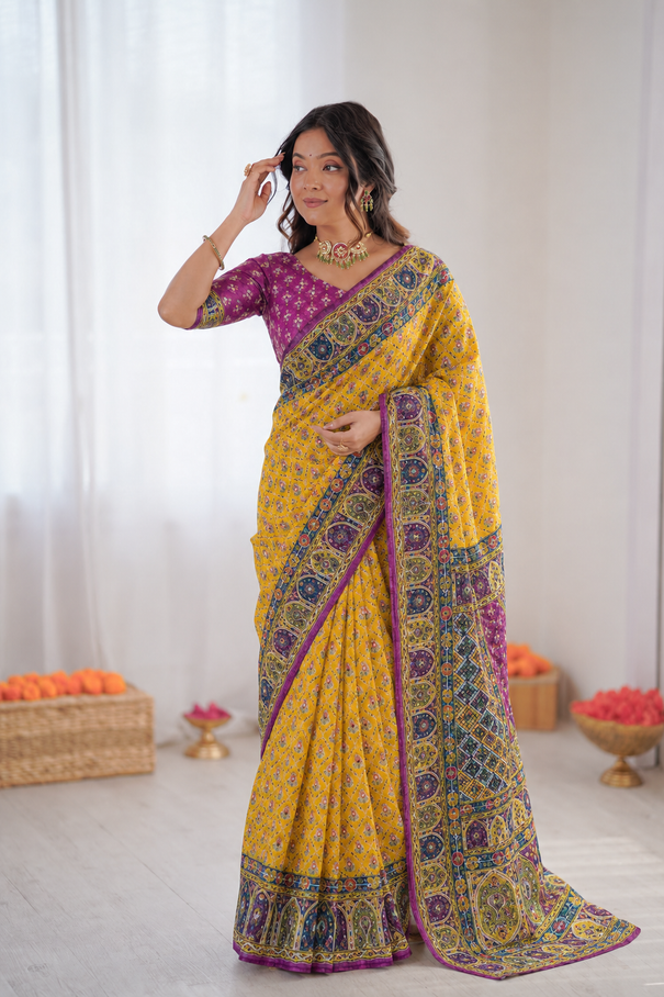 Beautiful Soft Rich Soft Chinnon Silk With Real Mirror & Diamond Work Saree