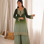 Beautiful Soft Rich 2 Tone Chinon With Hand Embroidery & Real Mirror Work Plazzo Suit Set