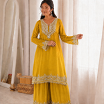 Beautiful Soft Rich 2 Tone Chinon With Hand Embroidery & Real Mirror Work Plazzo Suit Set