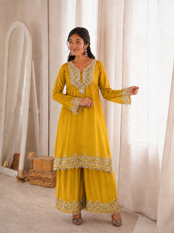 Beautiful Soft Rich 2 Tone Chinon With Hand Embroidery & Real Mirror Work Plazzo Suit Set