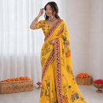 Beautiful Soft Rich Satin Silk With Digital Print & Khatli Work Saree