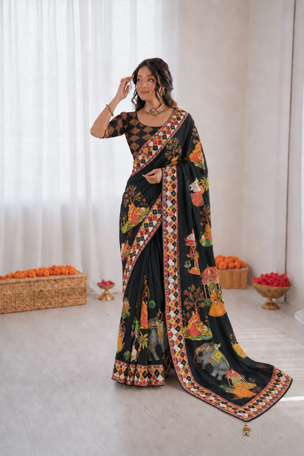Beautiful Soft Rich Satin Silk With Digital Print & Khatli Work Saree