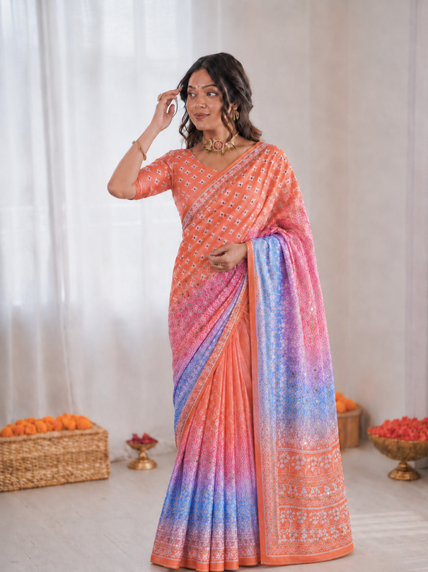 Chinon Silk Mirror Work Saree Set