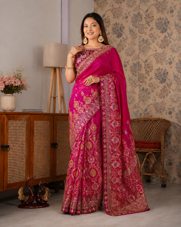 Beautiful Soft HO Silk Weaving Jacquard Embroidery Work Saree