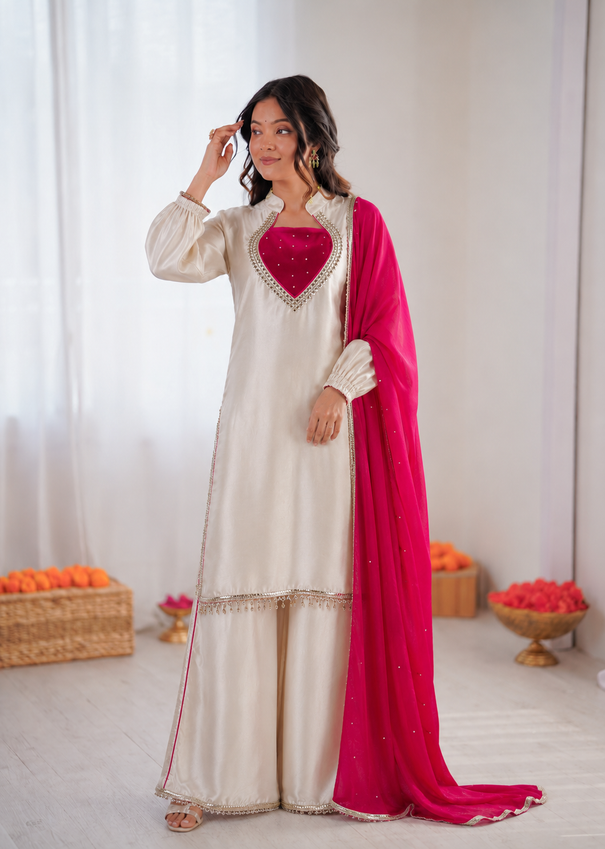 Beautiful Elegant Look Heavy Mirror Work & Roman Glass Silk Plazzo Set