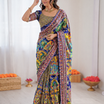Beautiful Soft Rich Japan Satin Digital Print Aari & Mirror Work Saree