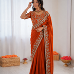Beautiful Soft Rich Fandy Satin Silk Sequence Embroidery Work Saree