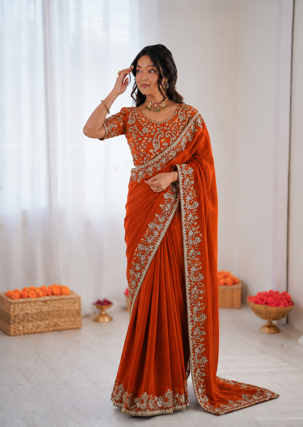 Beautiful Soft Rich Fandy Satin Silk Sequence Embroidery Work Saree