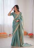 Beautiful Soft Rich Moss Fendy Chiffon Silver Jhari Work Saree