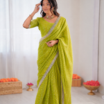 Beautiful Soft Rich Moss Fendy Chiffon Silver Jhari Work Saree