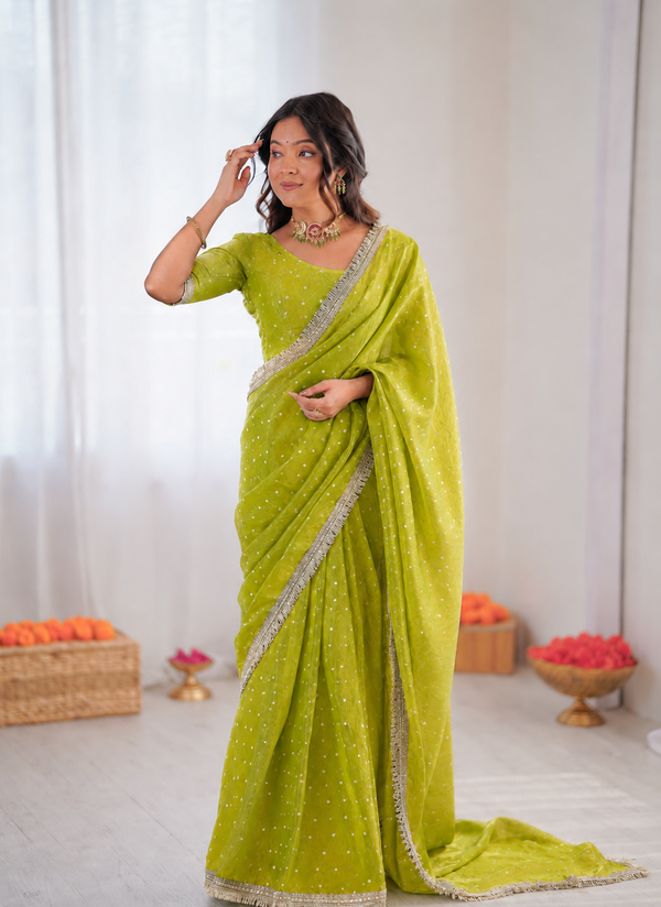 Beautiful Soft Rich Moss Fendy Chiffon Silver Jhari Work Saree