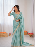 Beautiful Soft Rich Moss Fendy Chiffon Silver Jhari Work Saree